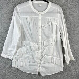 Garnet Hill Blouse Womens 10 White Button Up 3/4 Sleeve Shirt Ruffles